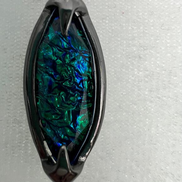 Long Dichroic Peacock Blue Shimmery Pendant Necklace on Silver Adjustable Chain - Picture 8 of 9